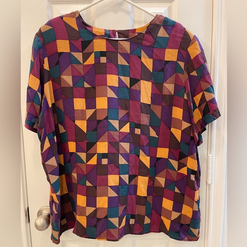 Vintage Geometric Short Sleeve, Silk Blouse, Bold Pattern, Shoulder Pad